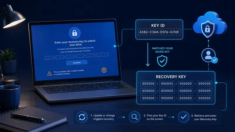 BitLocker recovery screen showing how to match the Recovery Key ID