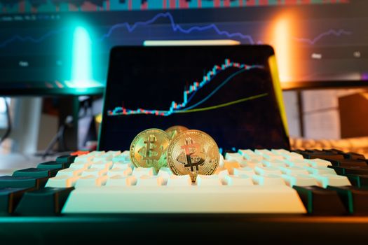 A close-up shot of a smartphone screen displaying a green crypto price chart with a blurred financial office background