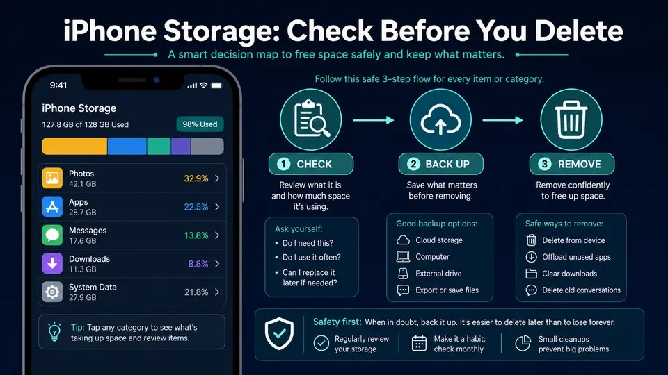 iPhone storage cleanup decision map