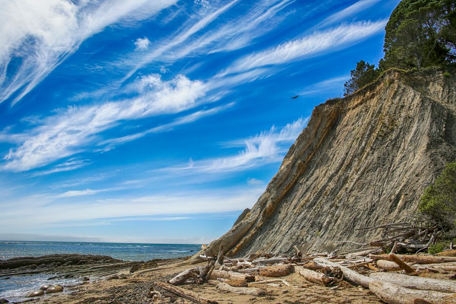 Scenic coastal view of rugged cliffs and blue sky at a Californian beach, USA.